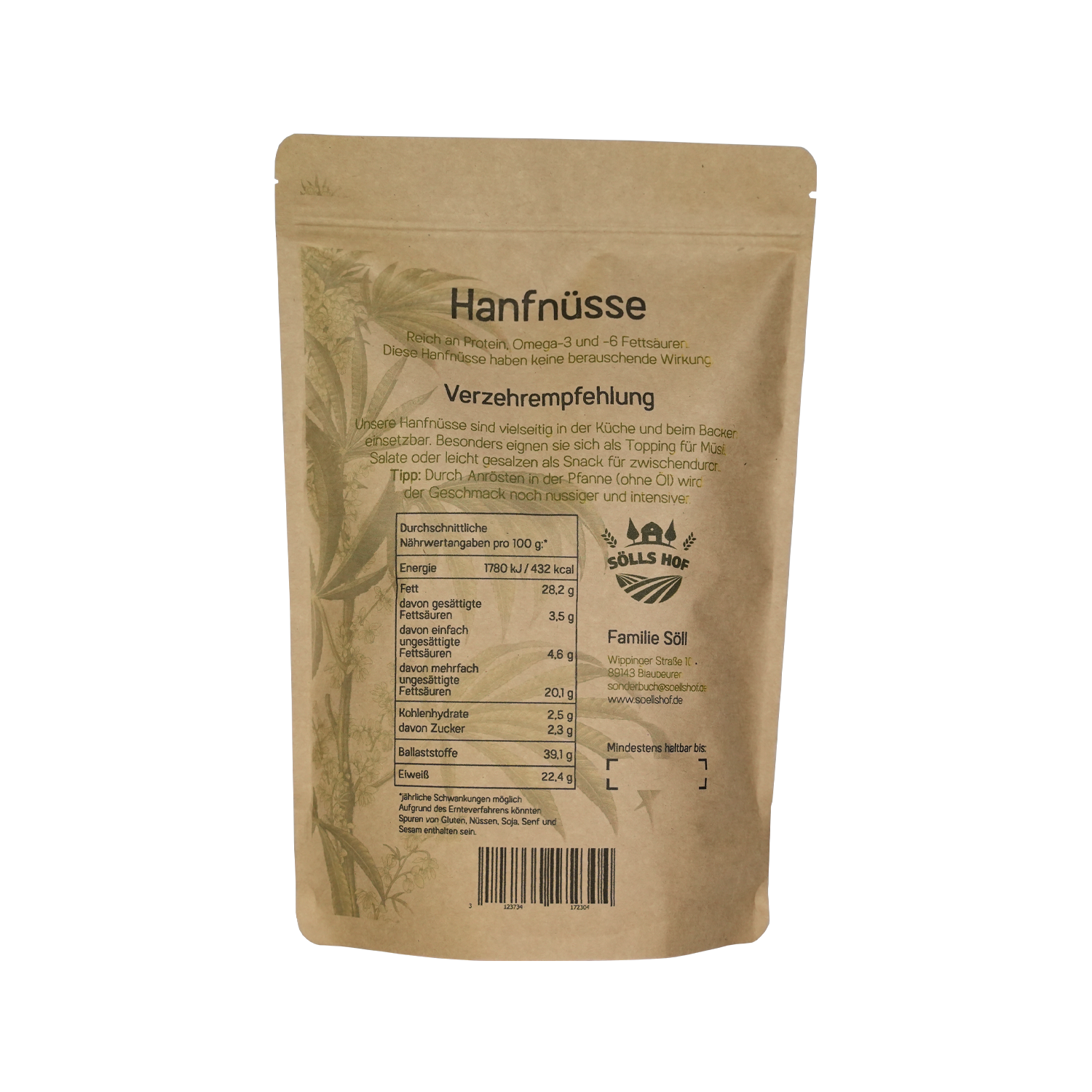 Hanfnüsse ungeschält Rückseite